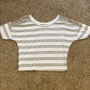 Gray & White Stripe T with lace sleeve